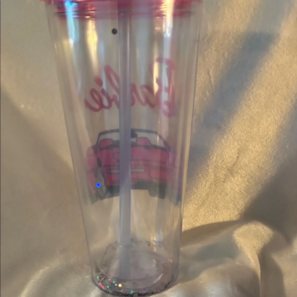 Barbie Pink and Clear Tumbler with Straw & sparkles. NWOT